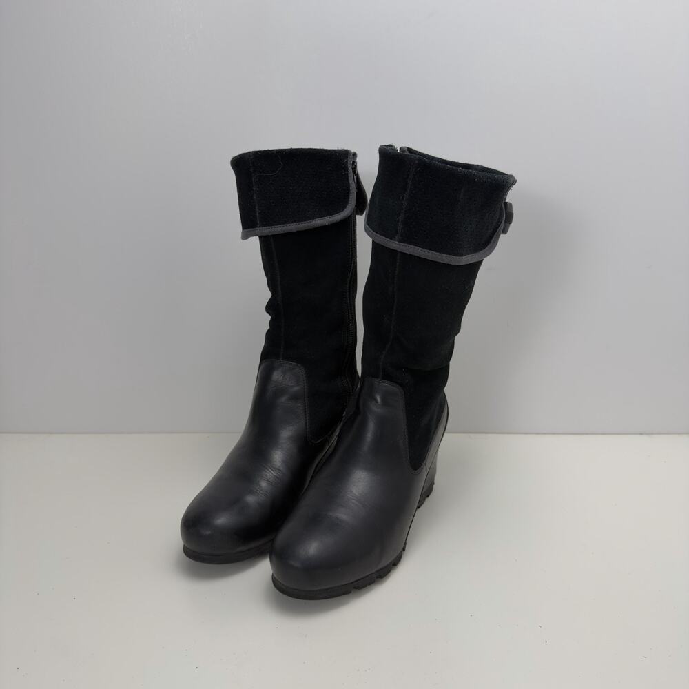 Merrell Boots Women's 8.5 Wedgetarian Lyla Mid Calf Black Leather Side Zip Heels